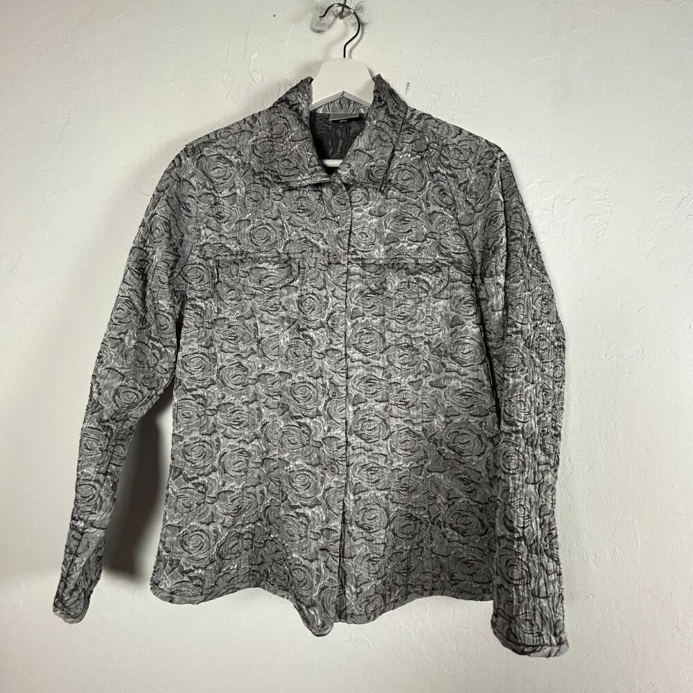 Chico's Womens Gray Floral Textured Button-Front Shirt Jacket Size 1 Stretch